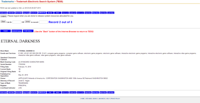 'Eternal Darkness' trademark renewal from 2010.
