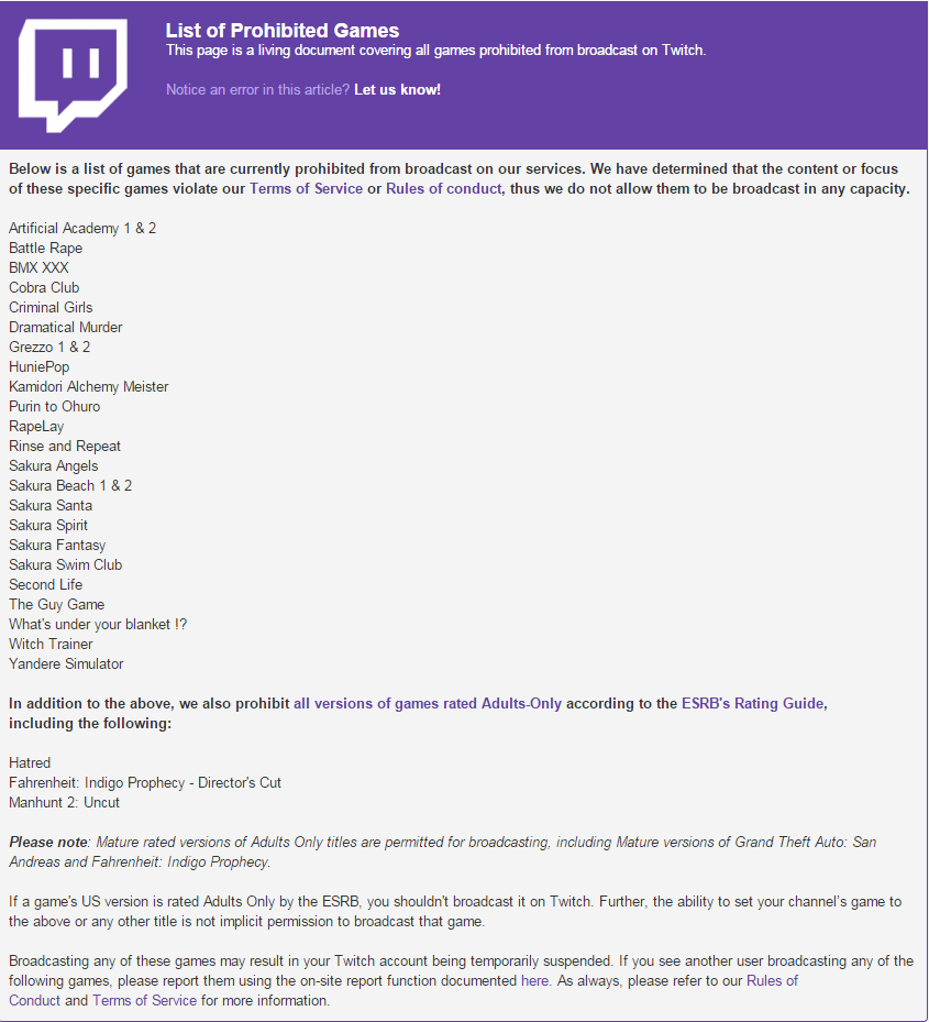 Twitch Banned Games List Jan 2016